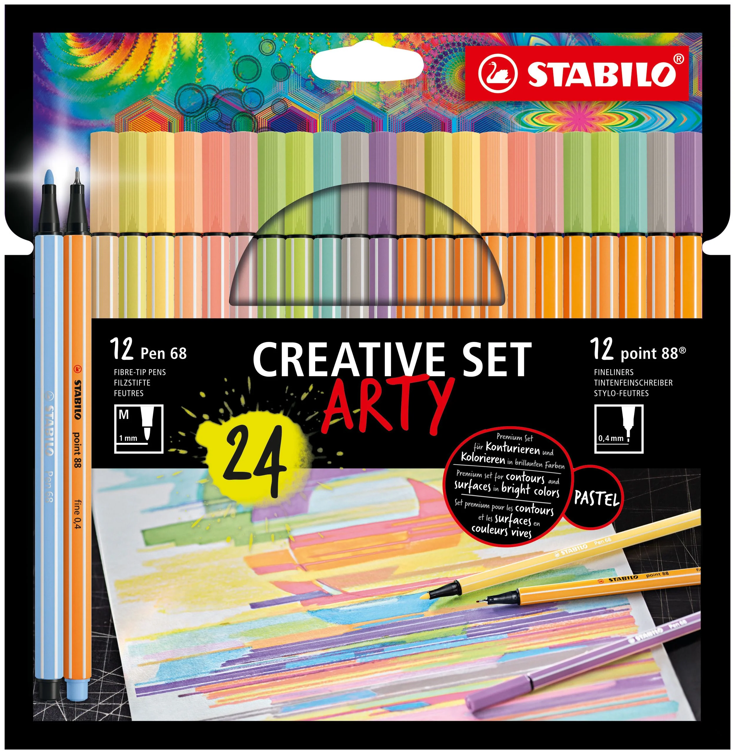 Creative Set STABILO ARTY - STABILO point 88 & Pen 68 - Astuccio da 24 - in colori Pastello assortiti - 11 fineliner point 88, 13 pennarelli Pen 68