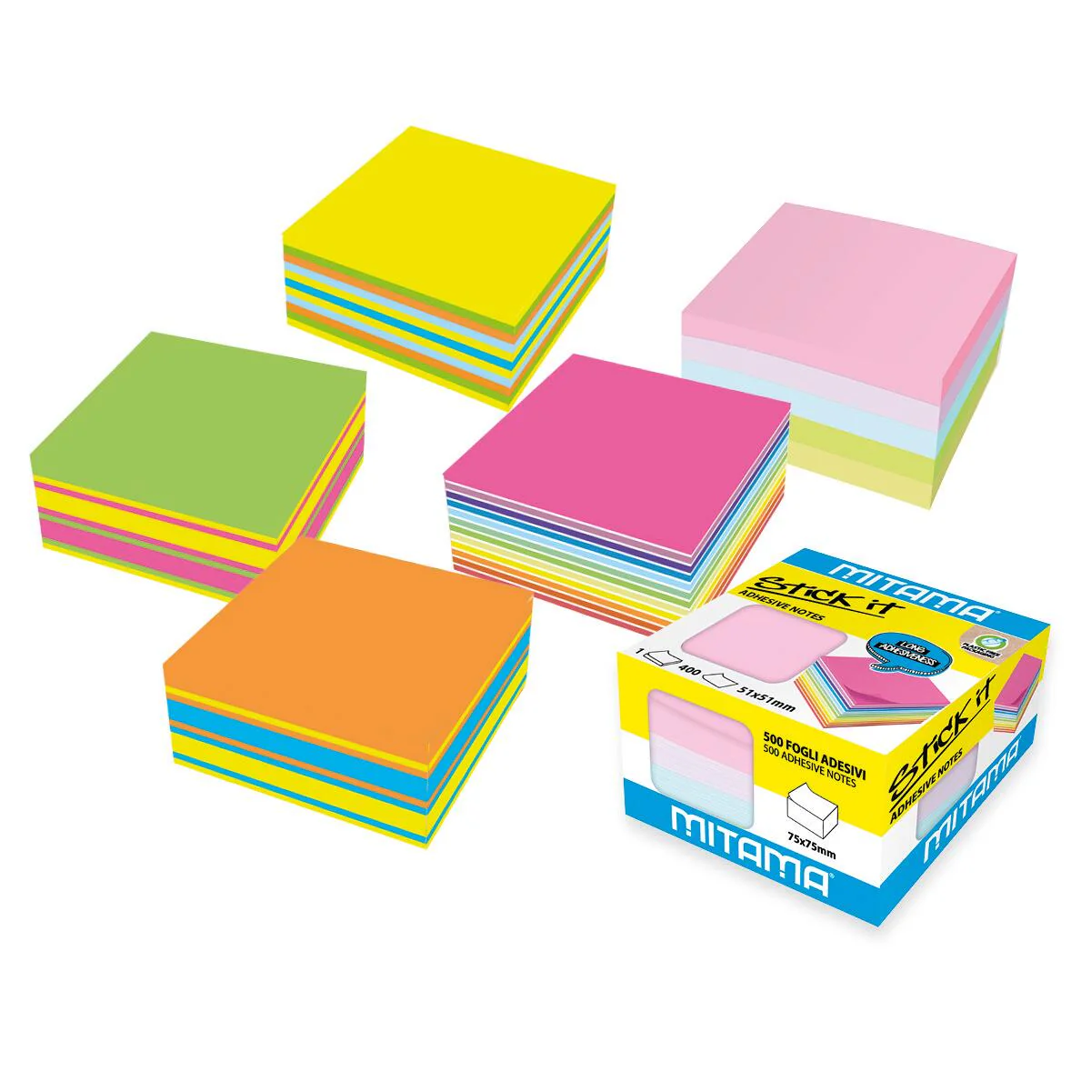 Cubo Notes Adesivi Mitama Stick it, Fluo Mix Design, 500fg, f.to 7,5x7,5