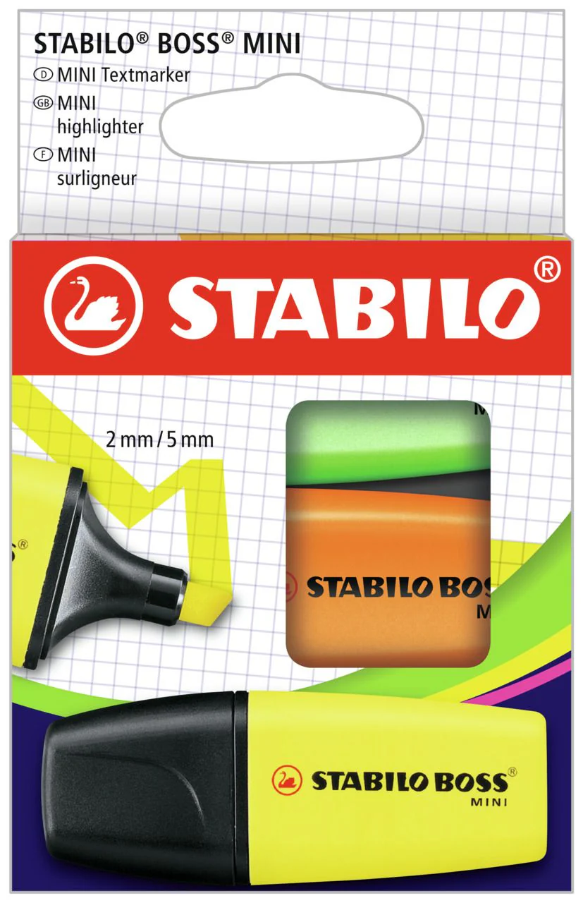 Evidenziatore - STABILO BOSS MINI - Astuccio da 3 - Giallo/Arancione/Verde