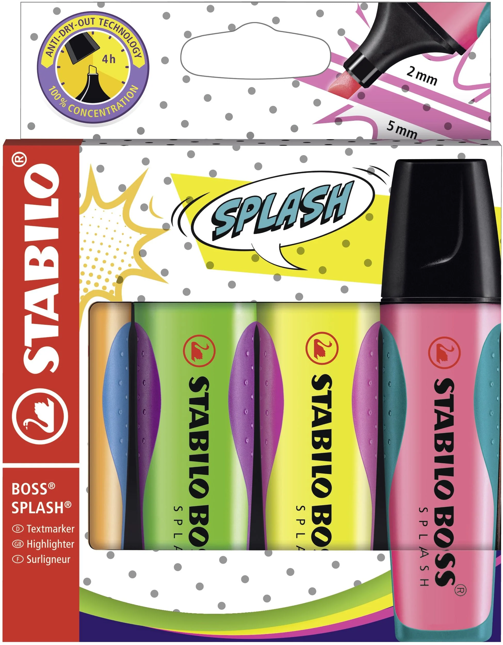 Evidenziatore - STABILO BOSS SPLASH - Astuccio da 4 - Arancione, Verde, Giallo, Rosa