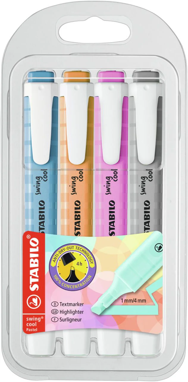 Evidenziatore - STABILO swing cool Pastel - Astuccio da 4 - Grigio Polvere/Fucsia Freddo/Azzurro Cielo/Arancione Papaya