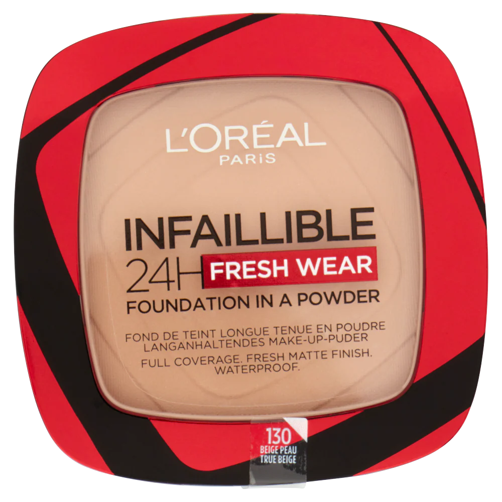 L'Oréal Paris Fondotinta compatto Infaillible 24H Fresh Wear, Formula in Polvere a Lunga Tenuta, Mask-Friendly, Low-Transfer e Waterproof, Copre come un fondotinta e opacizza come una polvere, 130 Beige Peau/True Beige
