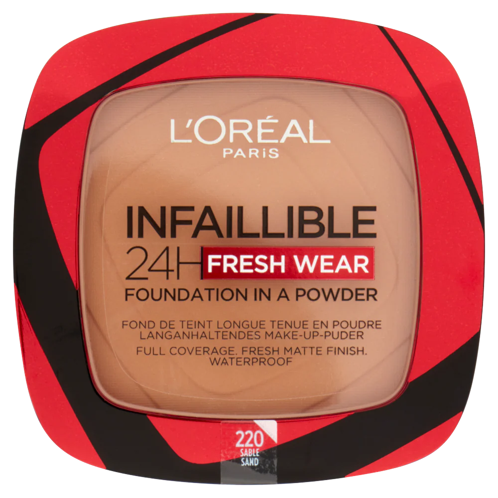 L'Oréal Paris Fondotinta compatto Infaillible 24H Fresh Wear, Formula in Polvere a Lunga Tenuta, Mask-Friendly, Low-Transfer e Waterproof, Copre come un fondotinta e opacizza come una polvere, 220 Sable/Sand