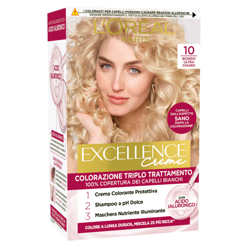 L'Oréal Paris Colorazione Triplo Trattamento Excellence, Con Acido Ialuronico, 100% Copertura Capelli Bianchi, Per Capelli Più Idratati, Biondo Ultra Chiaro (10)