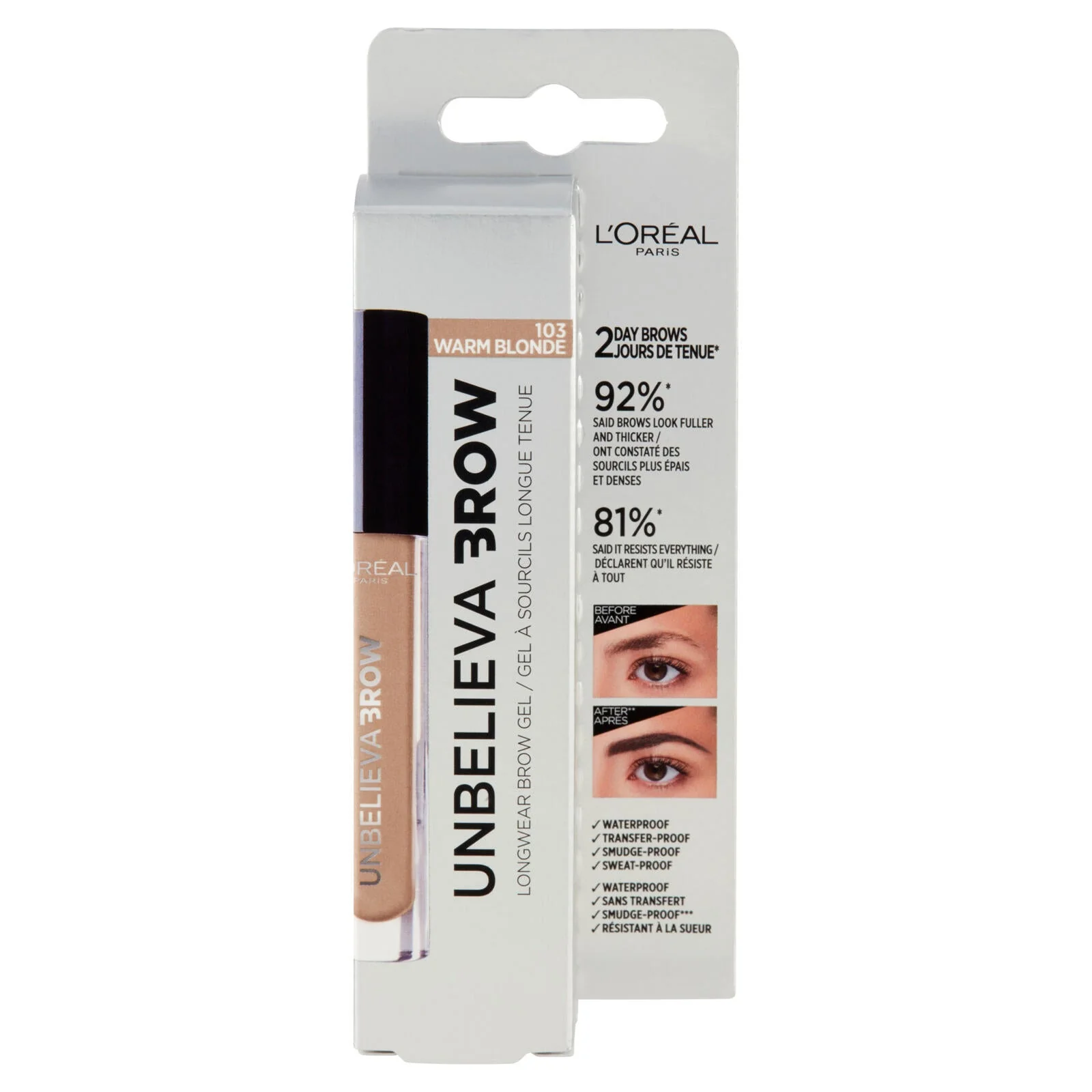 L'Oréal Paris Gel per Sopracciglia a Lunga Tenuta Unbelievabrow, Formula Waterproof, 103 Warm Blonde - Image 2