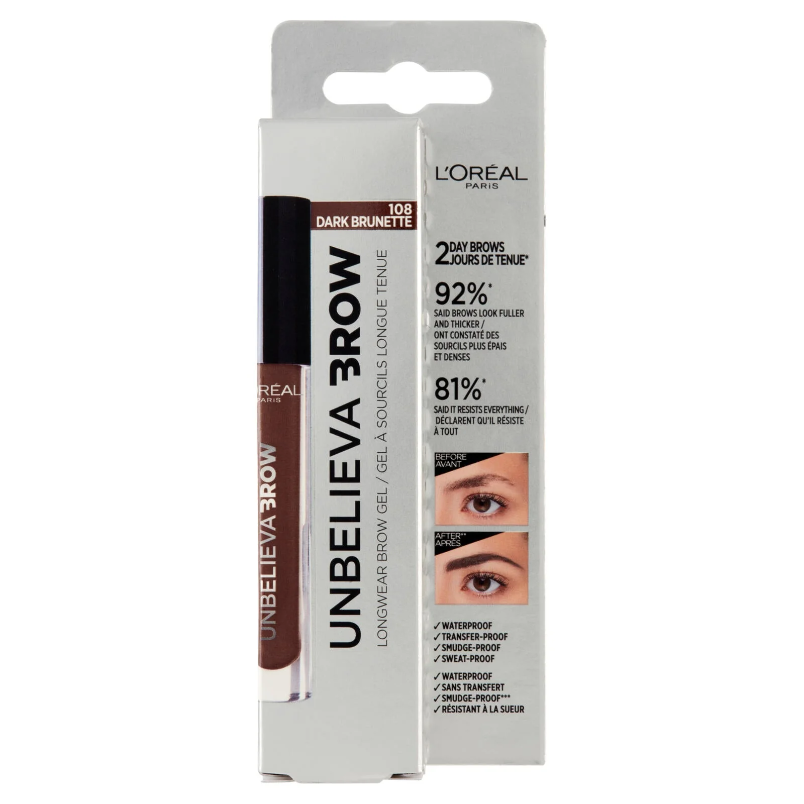 L'Oréal Paris Gel per Sopracciglia a Lunga Tenuta Unbelievabrow, Waterproof, 108 Cool Brunette