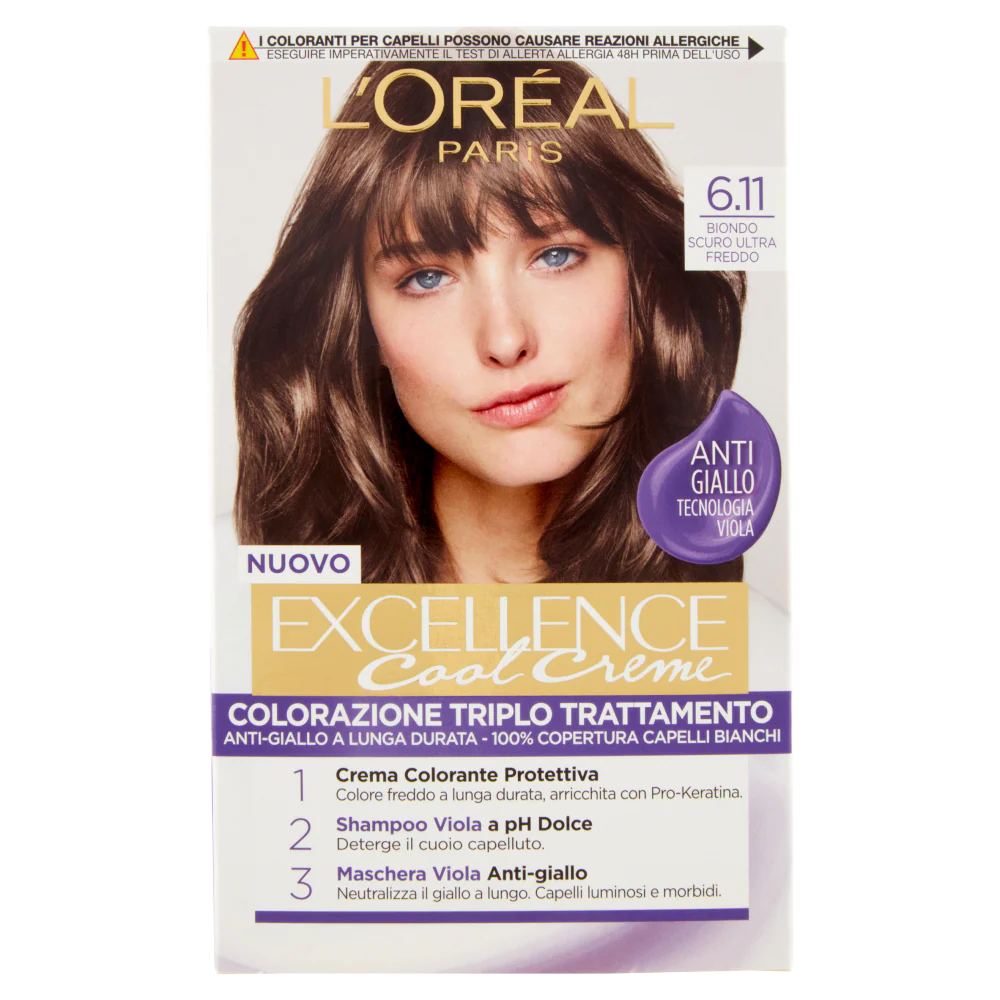 L'Oréal Paris Colorazione Triplo Trattamento Excellence Cool Crème, Con Acido Ialuronico e Tecnologia Viola, 100% Copertura Capelli Bianchi, Per Capelli Più Idratati, Biondo Scuro Ultra Freddo (6.11)