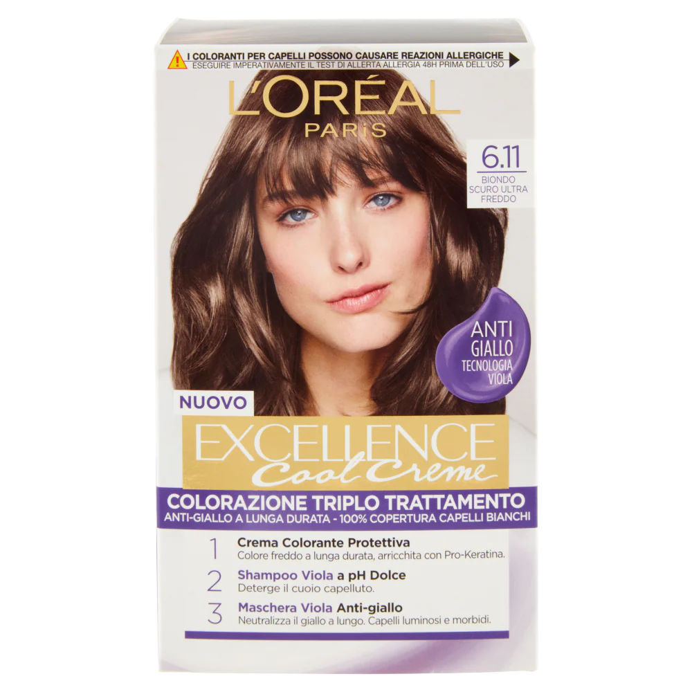 L'Oréal Paris Colorazione Triplo Trattamento Excellence Cool Crème, Con Acido Ialuronico e Tecnologia Viola, 100% Copertura Capelli Bianchi, Per Capelli Più Idratati, Biondo Scuro Ultra Freddo (6.11) - Image 2