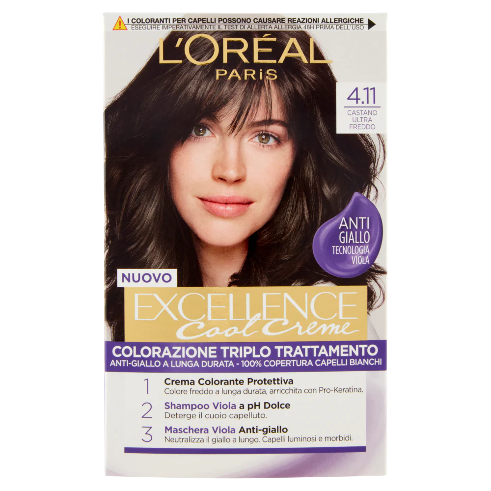 L'Oréal Paris Colorazione Triplo Trattamento Excellence Cool Crème, Con Acido Ialuronico e Tecnologia Viola, 100% Copertura Capelli Bianchi, Per Capelli Più Idratati, Castano Ultra Freddo (4.11)