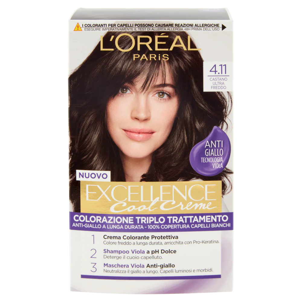 L'Oréal Paris Colorazione Triplo Trattamento Excellence Cool Crème, Con Acido Ialuronico e Tecnologia Viola, 100% Copertura Capelli Bianchi, Per Capelli Più Idratati, Castano Ultra Freddo (4.11) - Image 2