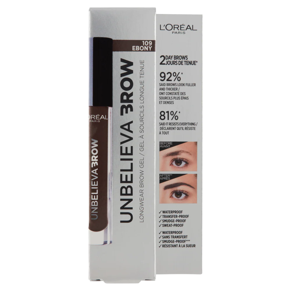 L'Oréal Paris Unbelievabrow, Gel per Sopracciglia a Lunga Tenuta Waterproof, Colore: 1.0 Ebony