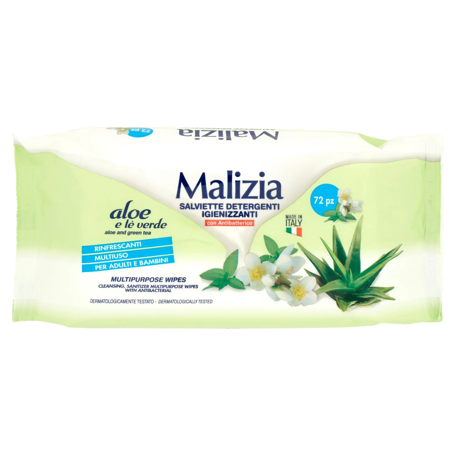 Malizia Salviette Detergenti Igienizzanti con Antibatterico aloe e tè verde 72 pz - Image 2