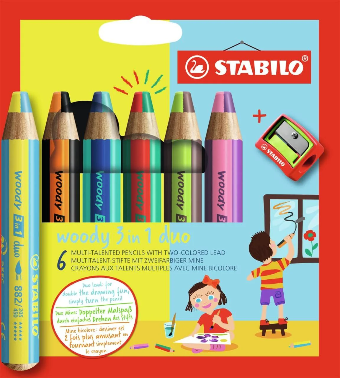 Matita colorata Multi-Funzione - STABILO woody 3 in 1 duo - Mina a 2 Colori - Astuccio da 6 - con Temperino - 6 Matitoni e 12 colori
