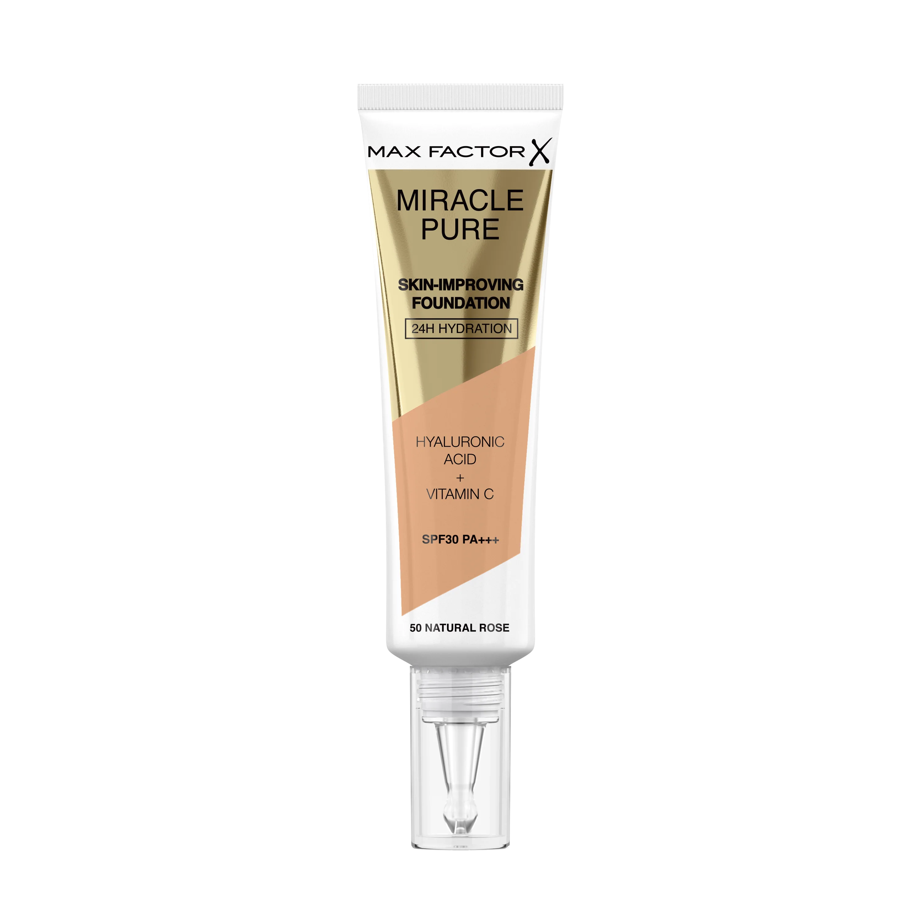 Max Factor Miracle Pure Fondotinta Liquido Idratante, con il 91% di Ingredienti di Origine Naturale, Vitamina C, Acido Ialuronico e SPF 30, 50 Natural Rose