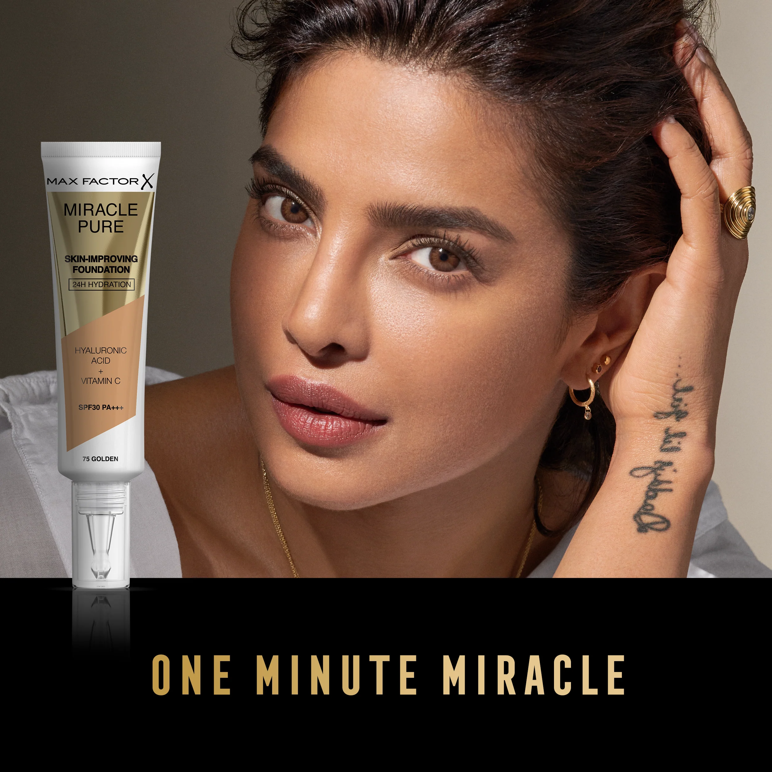 Max Factor Miracle Pure Fondotinta Liquido Idratante, con il 91% di Ingredienti di Origine Naturale, Vitamina C, Acido Ialuronico e SPF 30, 75 Golden - Image 2