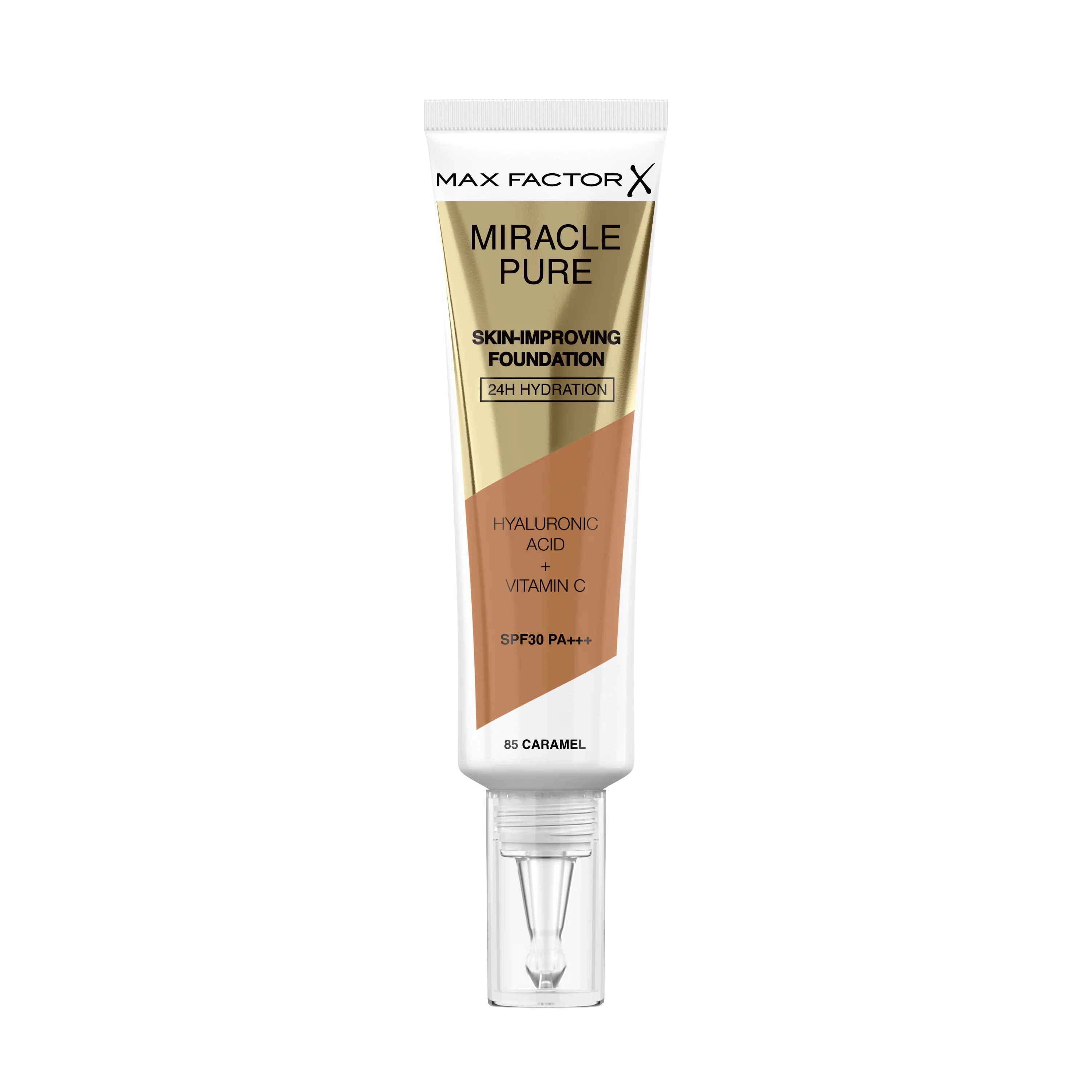 Max Factor Miracle Pure Fondotinta Liquido Idratante, con il 91% di Ingredienti di Origine Naturale, Vitamina C, Acido Ialuronico e SPF 30, 85 Caramel