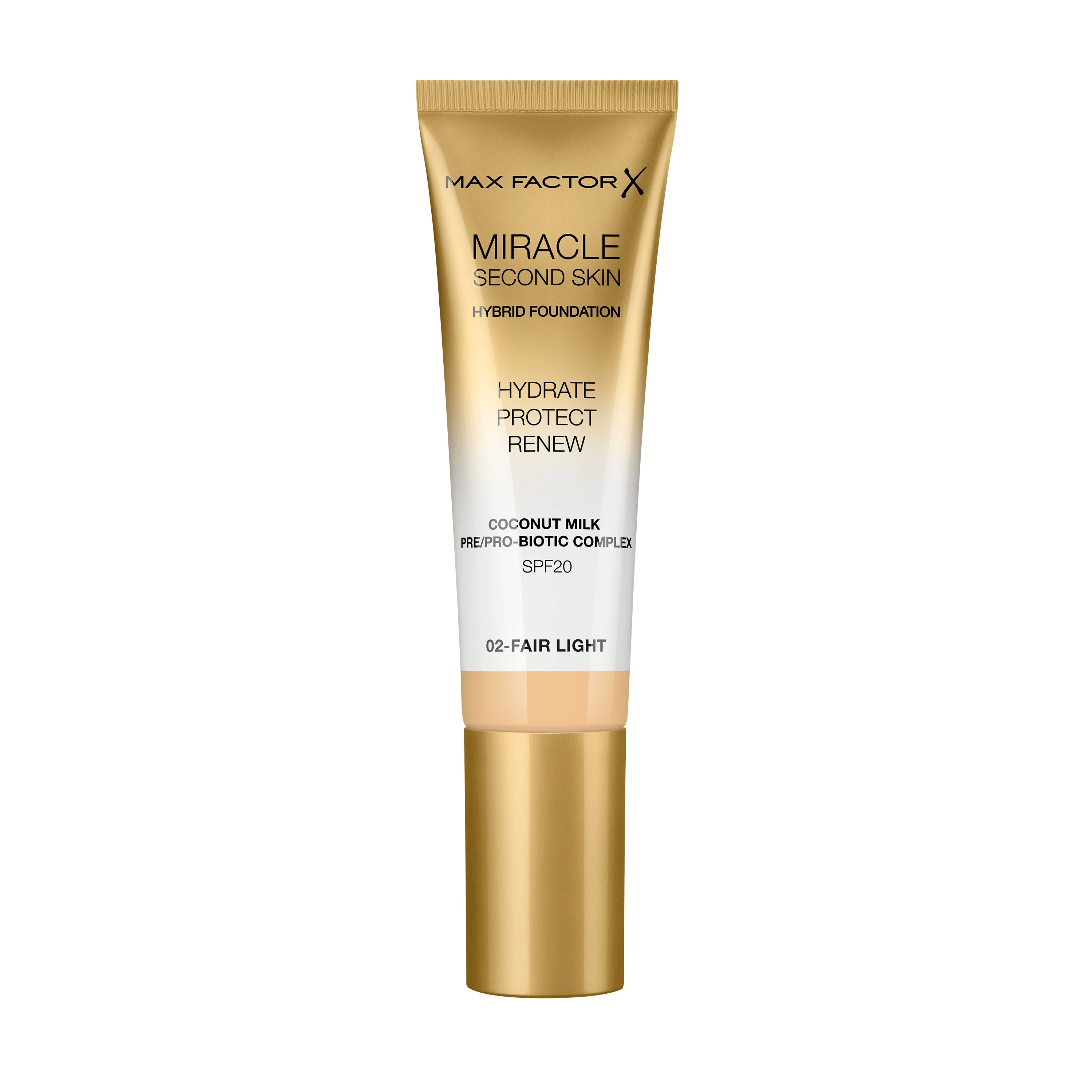 Max Factor Miracle Second Skin Fondotinta dal Finish Naturale, con Latte di Cocco Idratante e SPF 20, 02 Fair Light