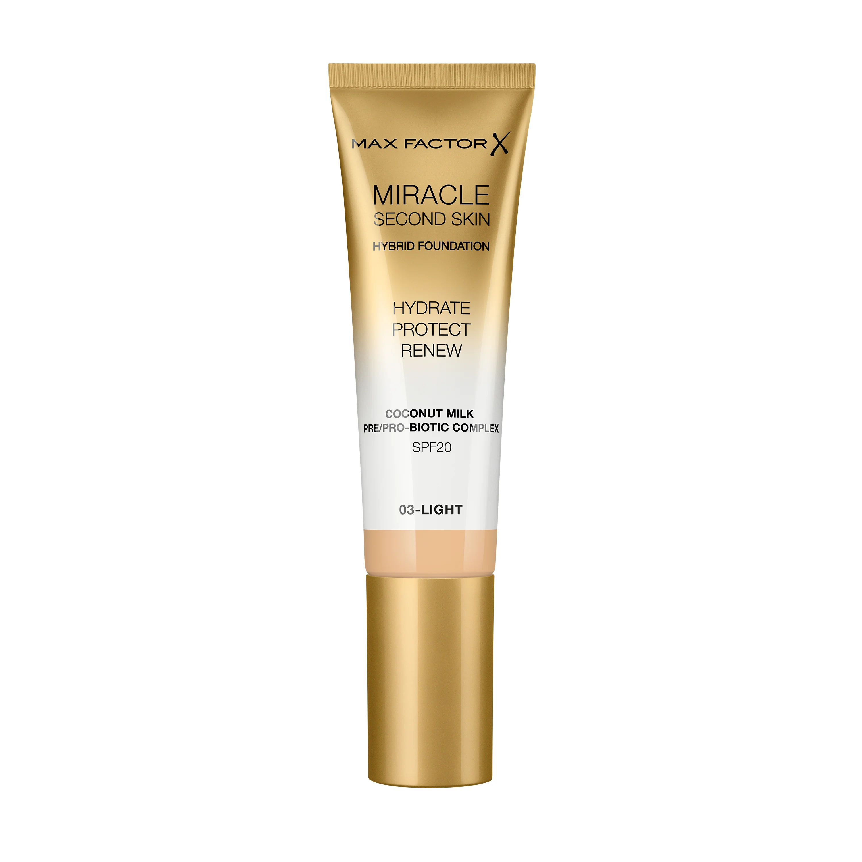 Max Factor Miracle Second Skin Fondotinta dal Finish Naturale, con Latte di Cocco Idratante e SPF 20, 03 Light