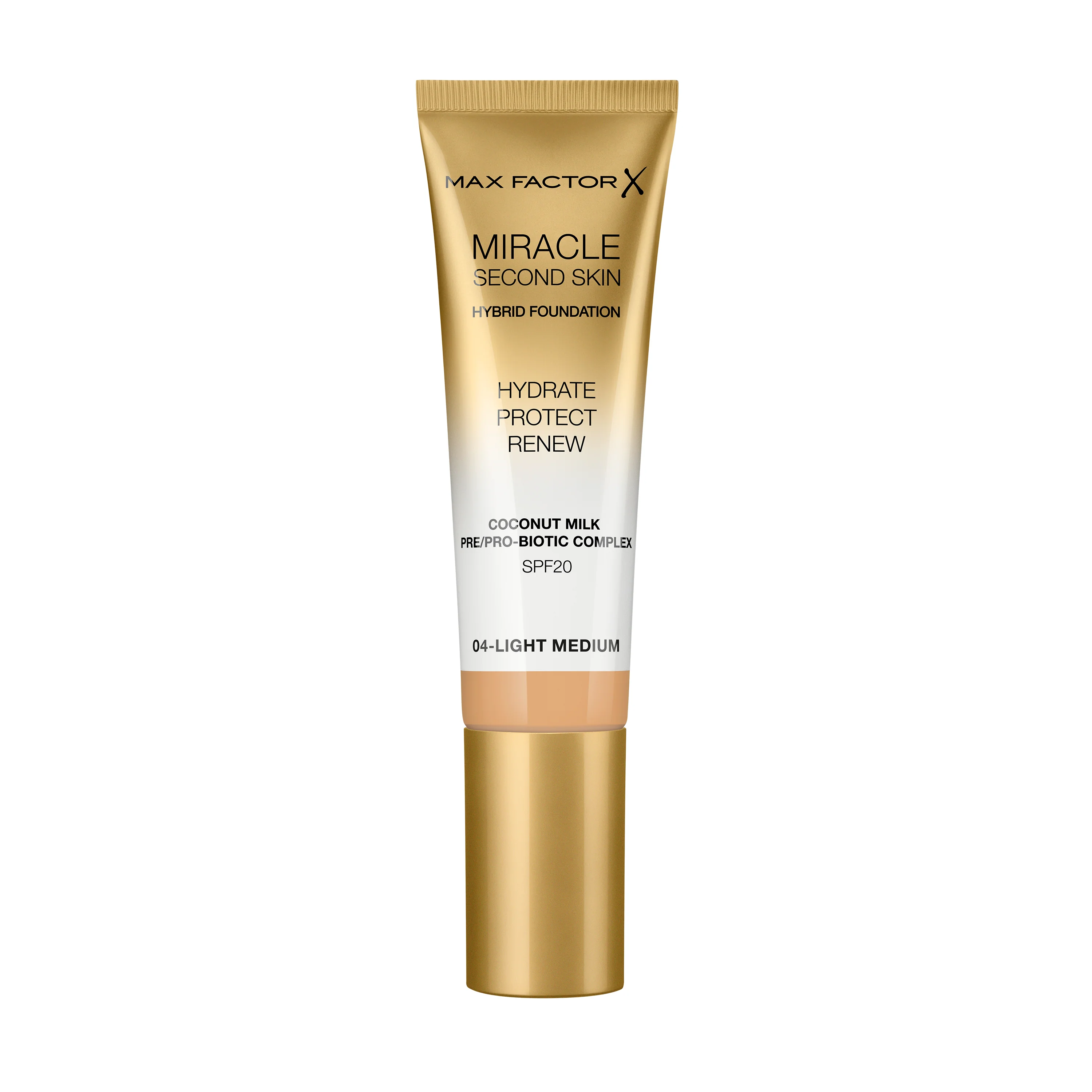Max Factor Miracle Second Skin Fondotinta dal Finish Naturale, con Latte di Cocco Idratante e SPF 20, 04 Light Medium