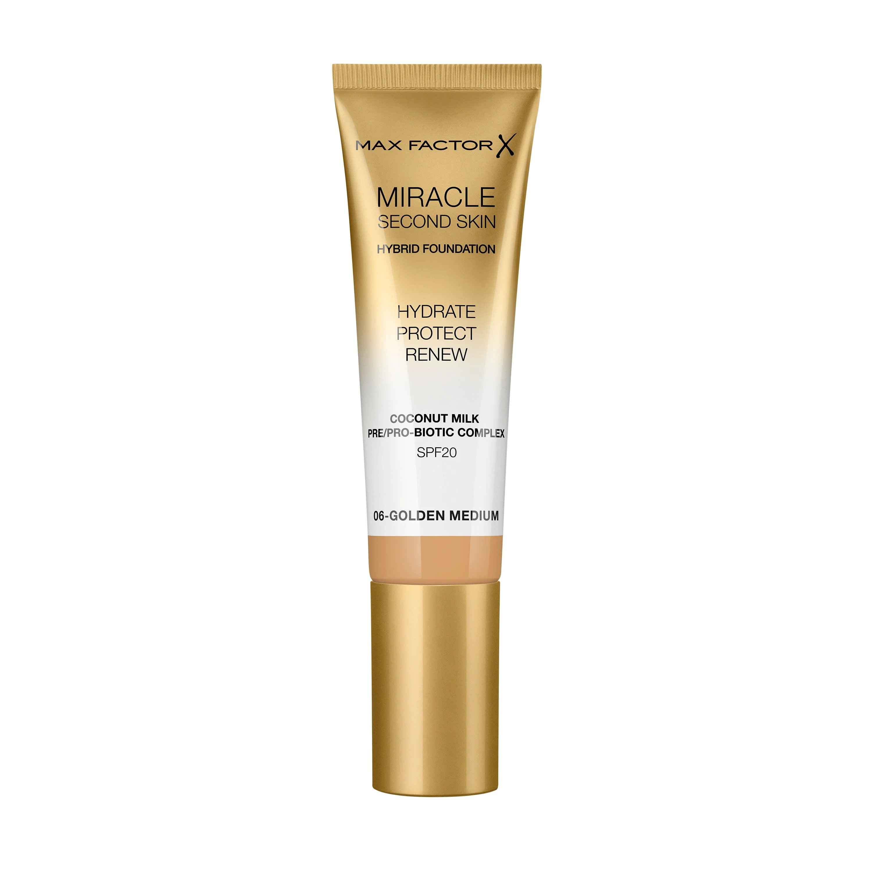 Max Factor Miracle Second Skin Fondotinta dal Finish Naturale, con Latte di Cocco Idratante e SPF 20, 06 Golden Medium