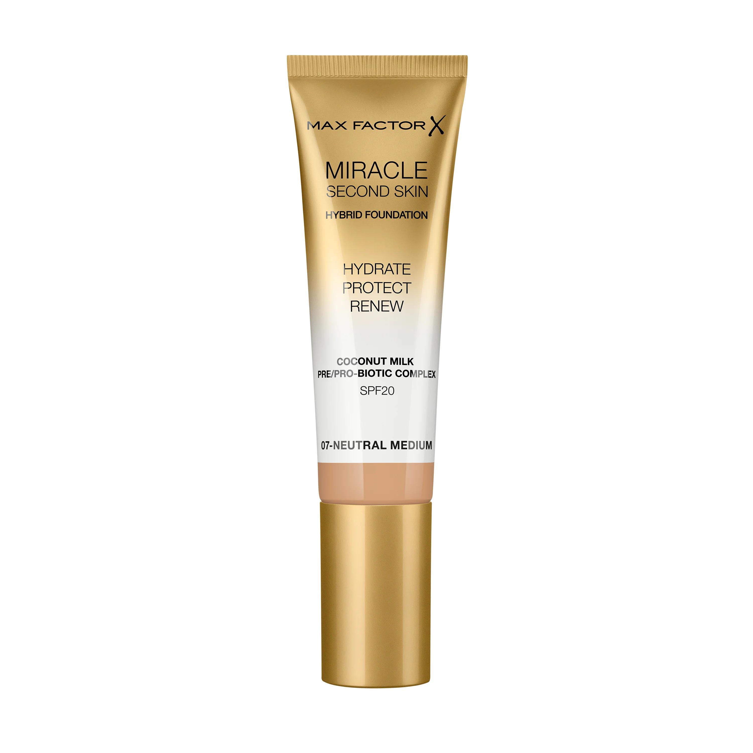 Max Factor Miracle Second Skin Fondotinta dal Finish Naturale, con Latte di Cocco Idratante e SPF 20, 07 Neutral Medium
