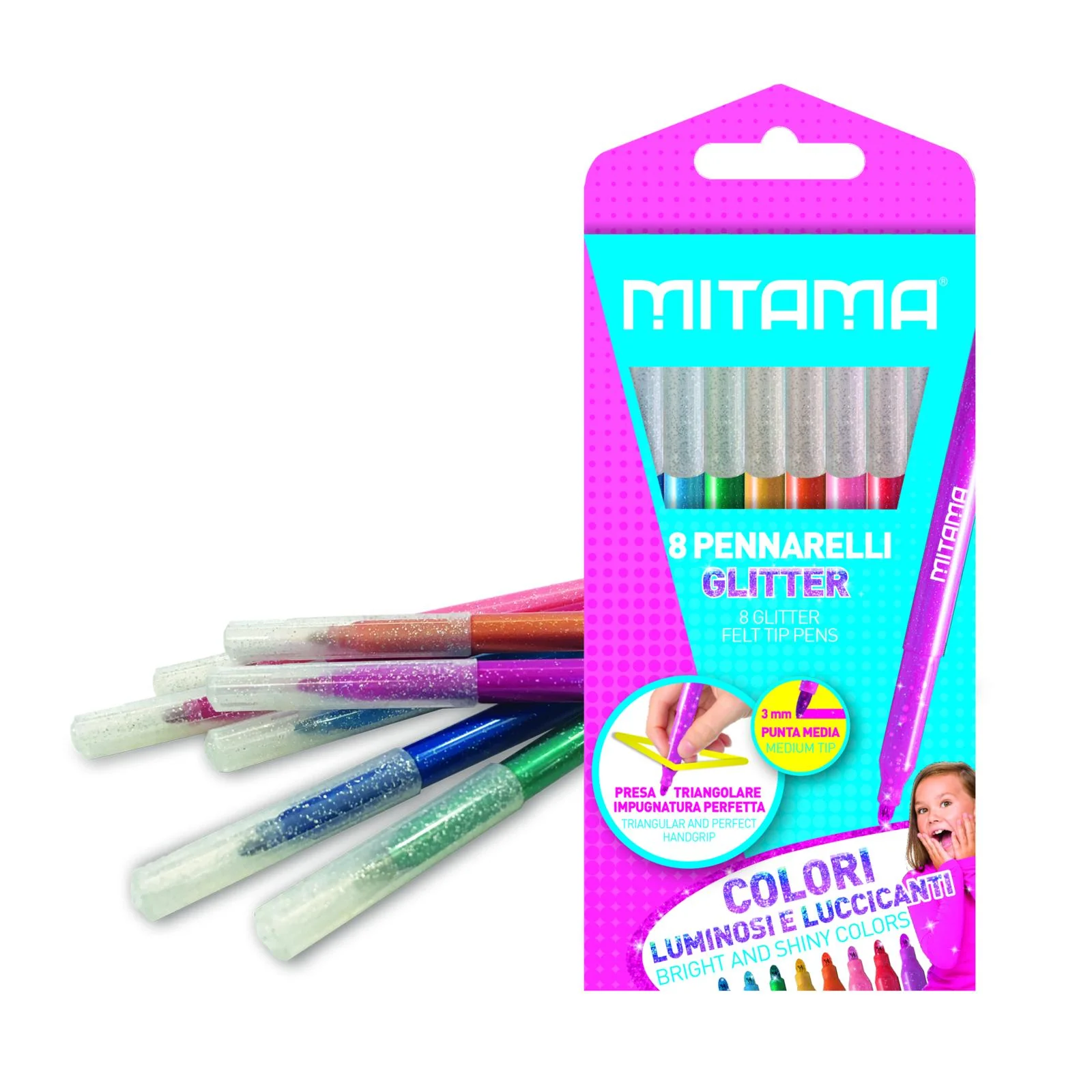 Mitama Pennarelli Glitter , presa Triangolare., Punta fine, Scat. 8 pz