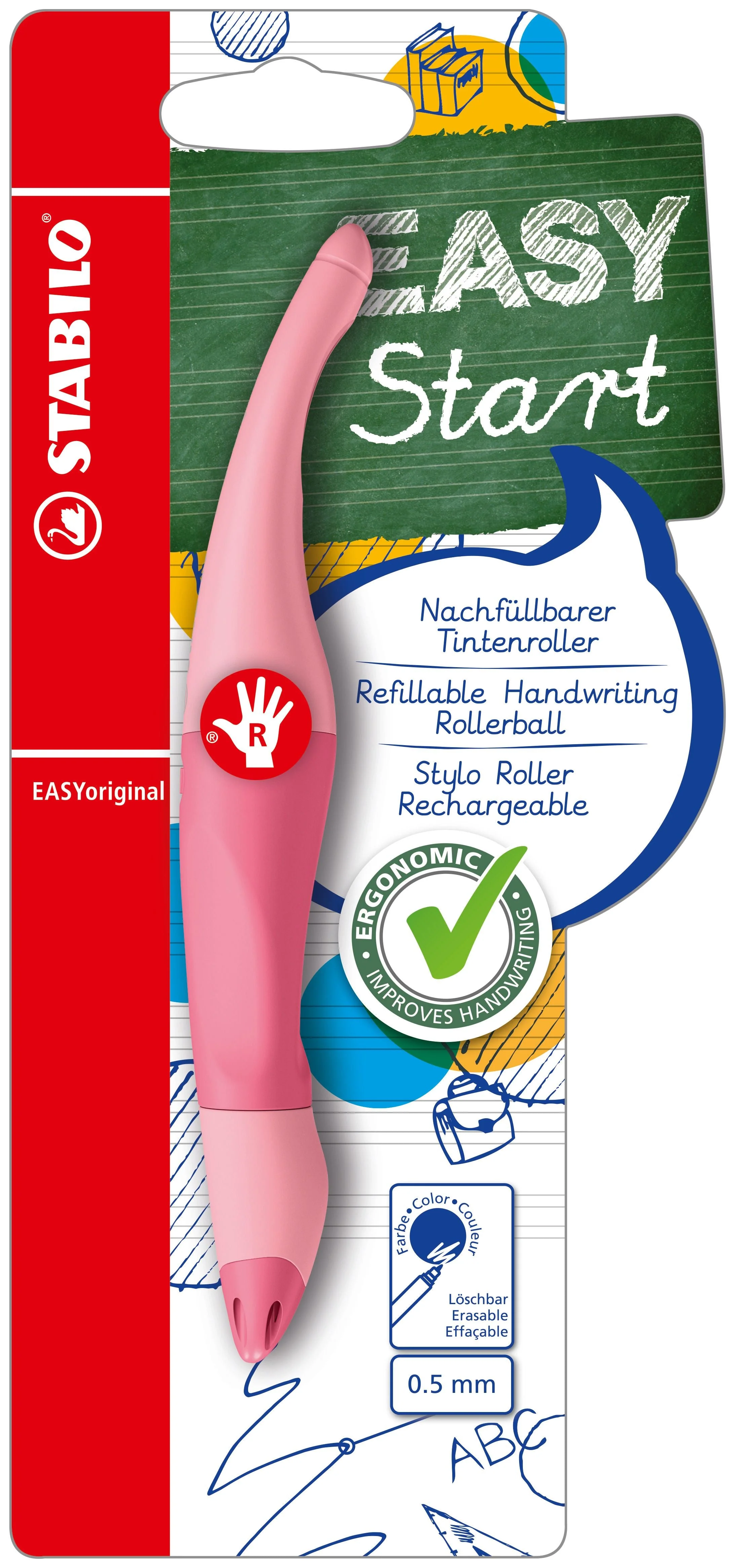 Penna Roller Ergonomica - STABILO EASYoriginal Pastel per Destrimani in Rosa Antico - Cartuccia Blu inclusa