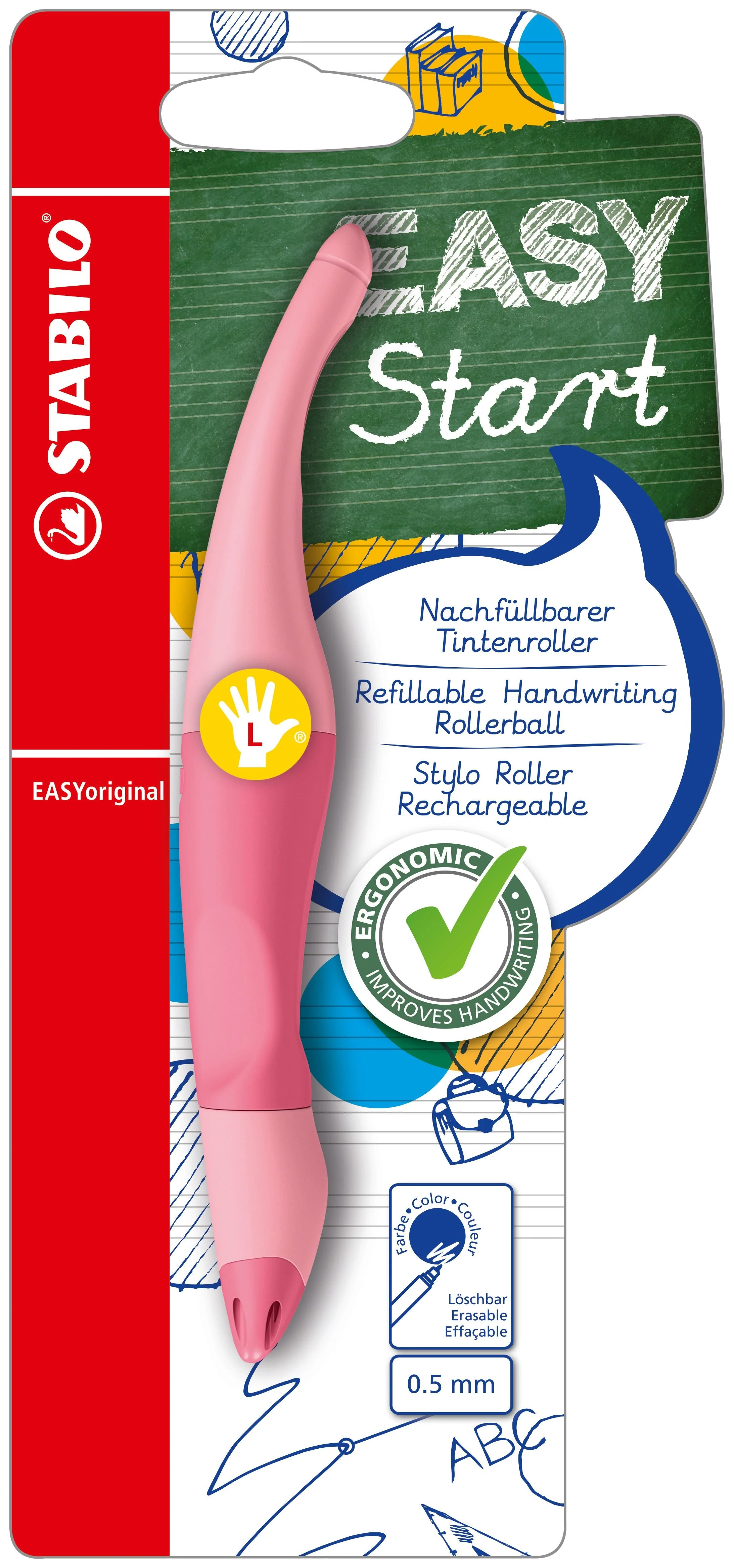 Penna Roller Ergonomica - STABILO EASYoriginal Pastel per Mancini in Rosa Antico - Cartuccia Blu inclusa