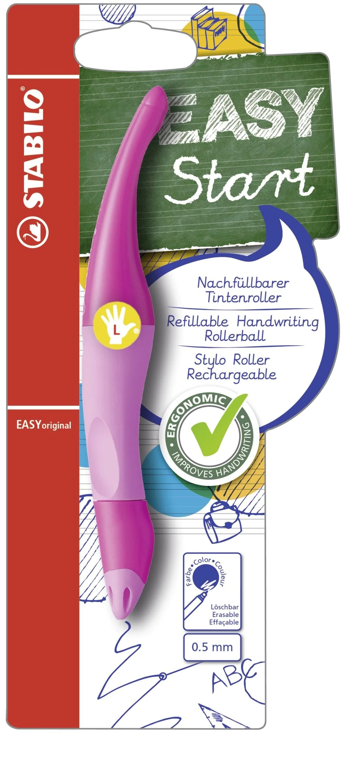 Penna Roller Ergonomica - STABILO EASYoriginal per Mancini in Rosa - Cartuccia Blu inclusa