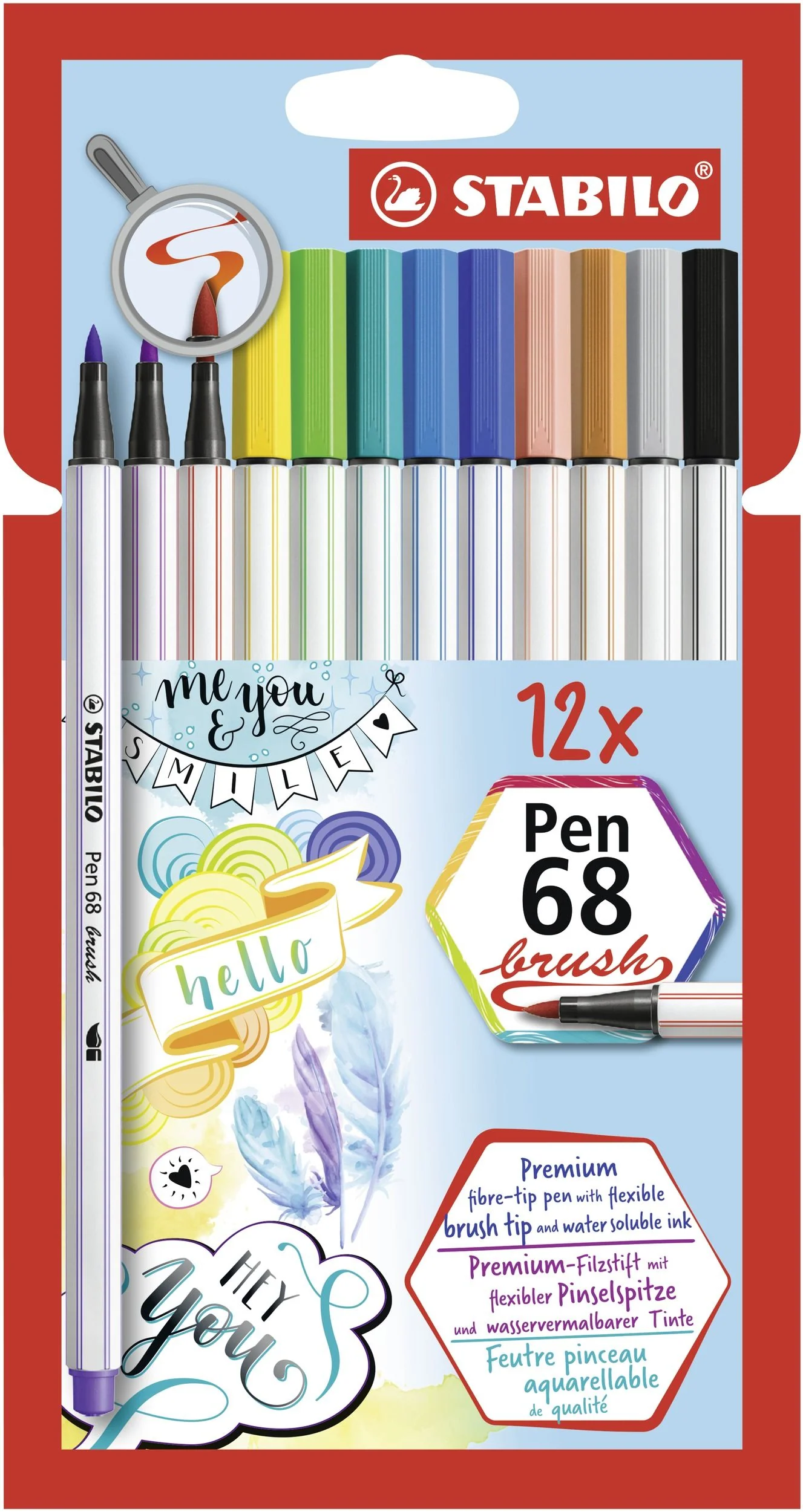 Pennarello Premium con punta a pennello - STABILO Pen 68 brush - Astuccio da 12 - con 12 colori assortiti