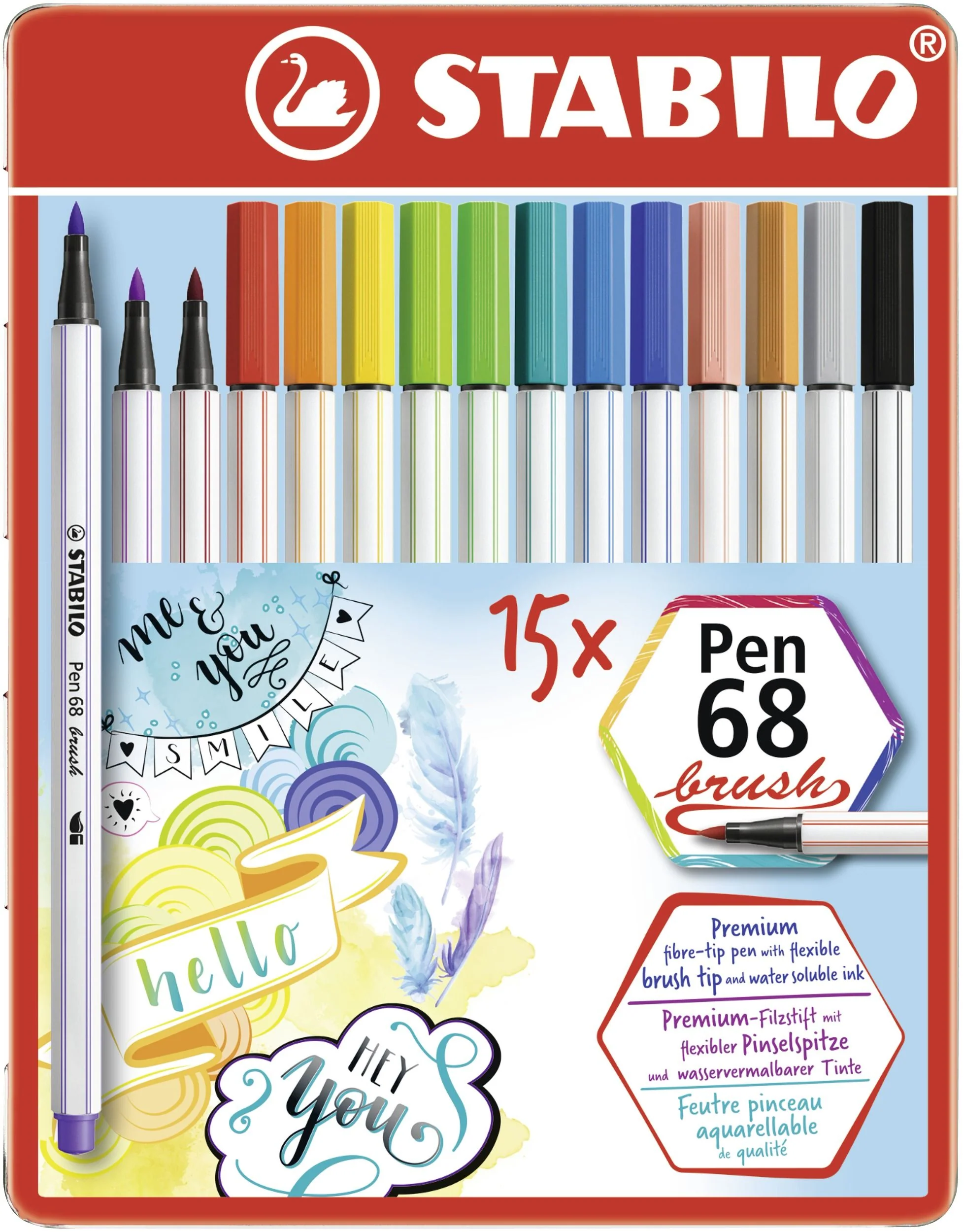 Pennarello Premium con punta a pennello - STABILO Pen 68 brush - Scatola in metallo da 15 - con 15 colori assortiti