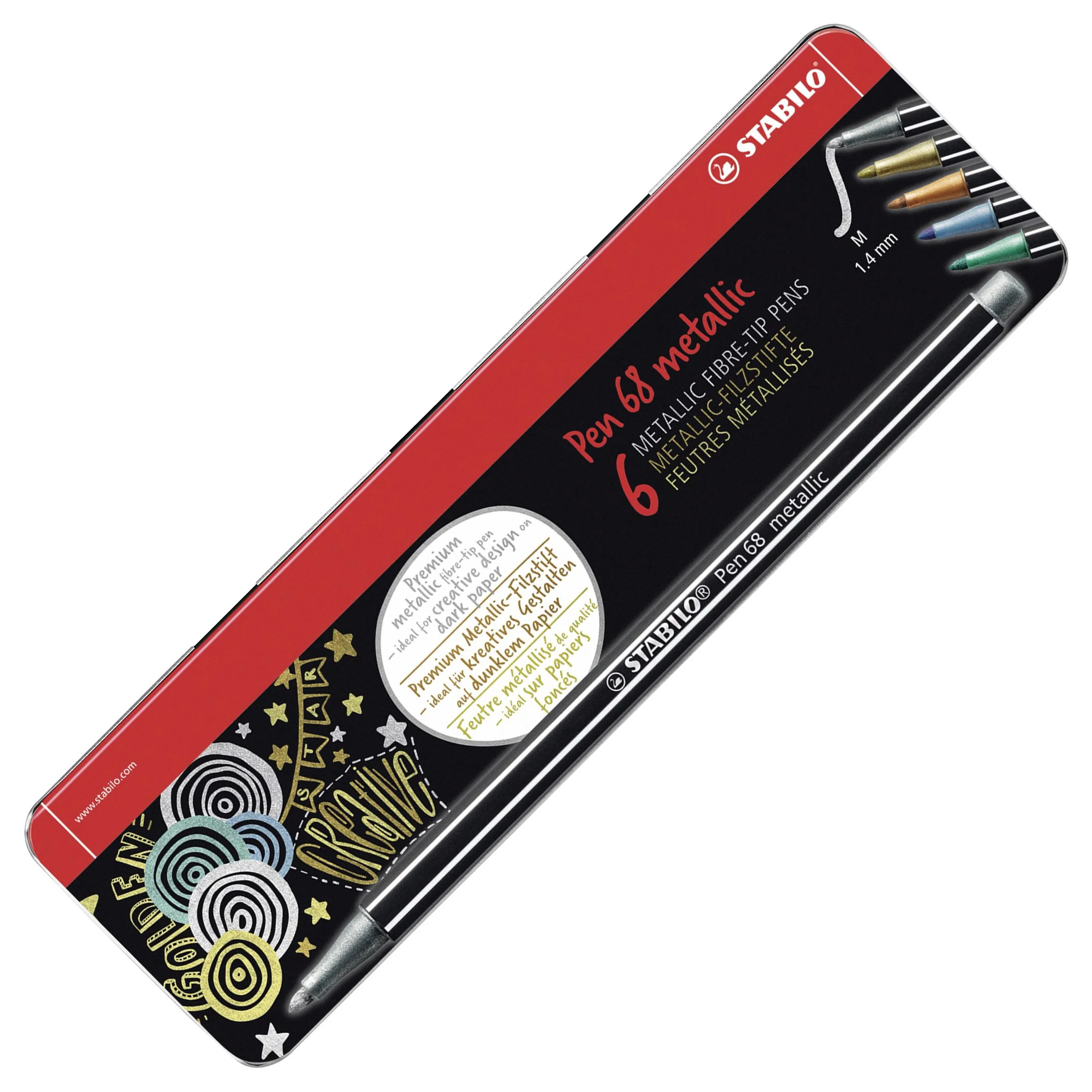 Pennarello Premium Metallizzato - STABILO Pen 68 metallic - Scatola in Metallo da 6 - con 5 colori assoriti