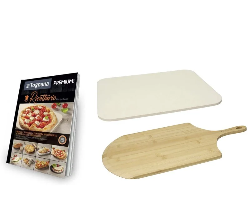 SET 3 PIZZA STONE - PIETRA REFRATTARIA 38X30CM CON PALA LEGNO E RICETTARIO