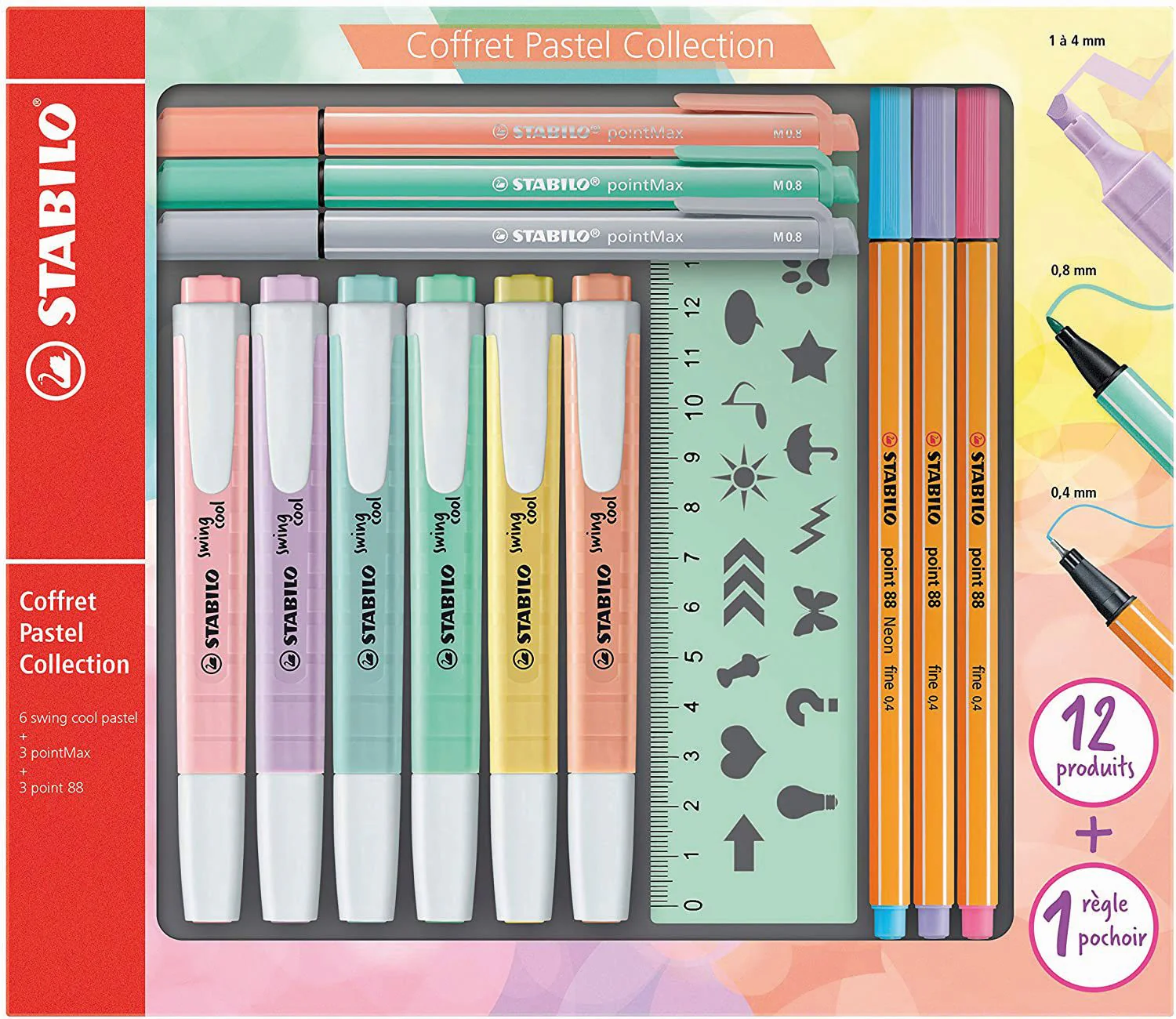 STABILO Pastel Collection Set – Confezione mista 13 pezzi: 6 swing cool pastel, 3 point 88, 3 pointMax, 1 righello stencil