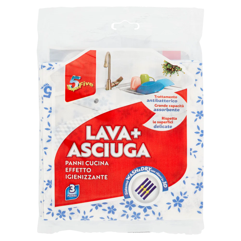 Super5 Lava+Asciuga Panni Cucina Effetto Igienizzante cm 35x35 3 pz